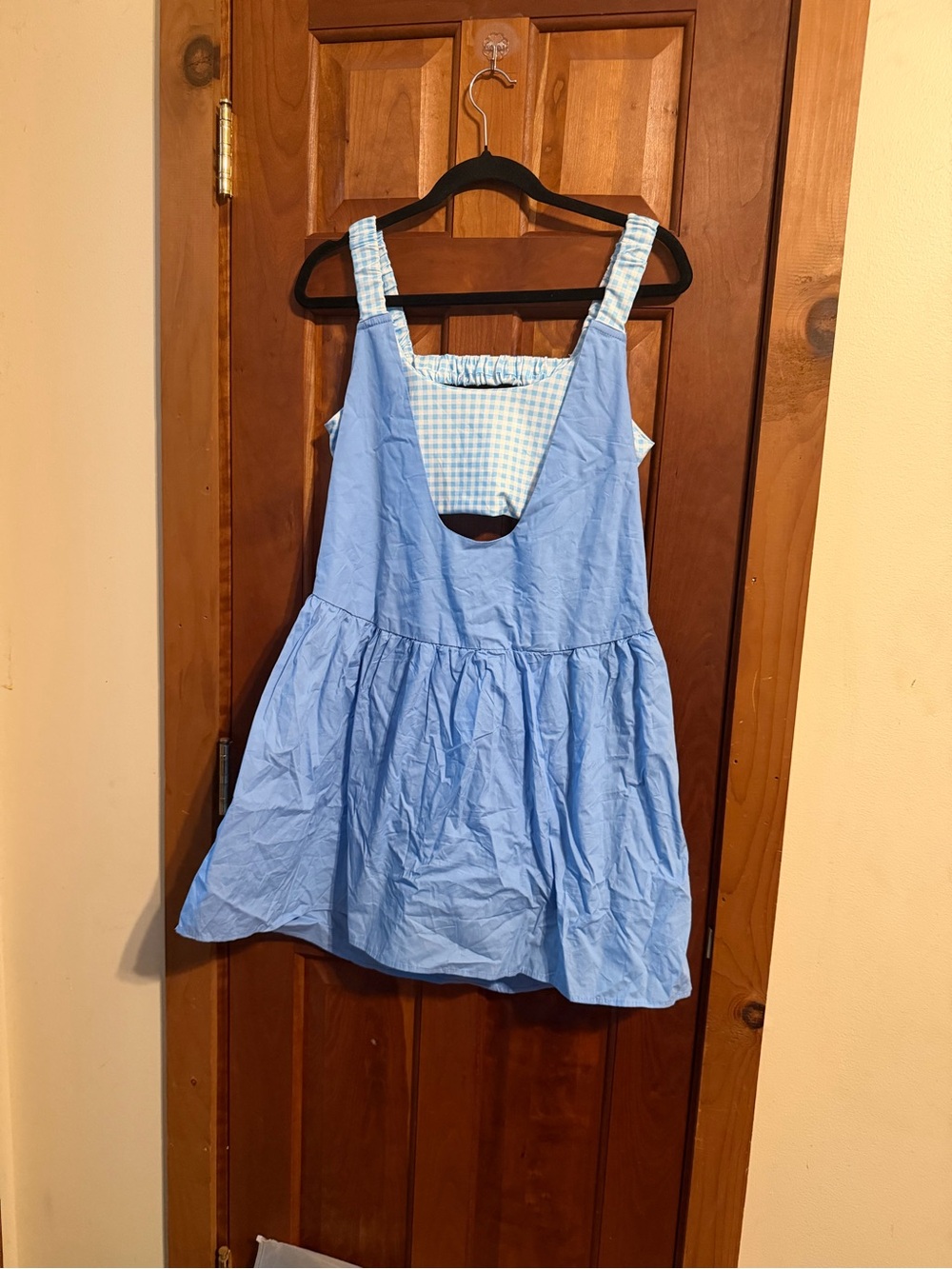 Light Blue Sun Dress with Gingham Back Panel and Shorts Liner.